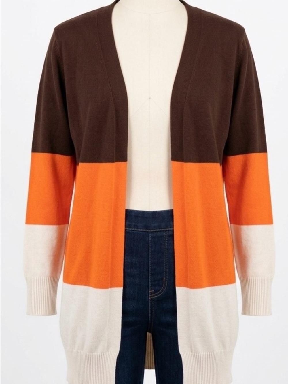 Colorblock Open-Front Cardigan Sweater in Brown, Orange & Cream